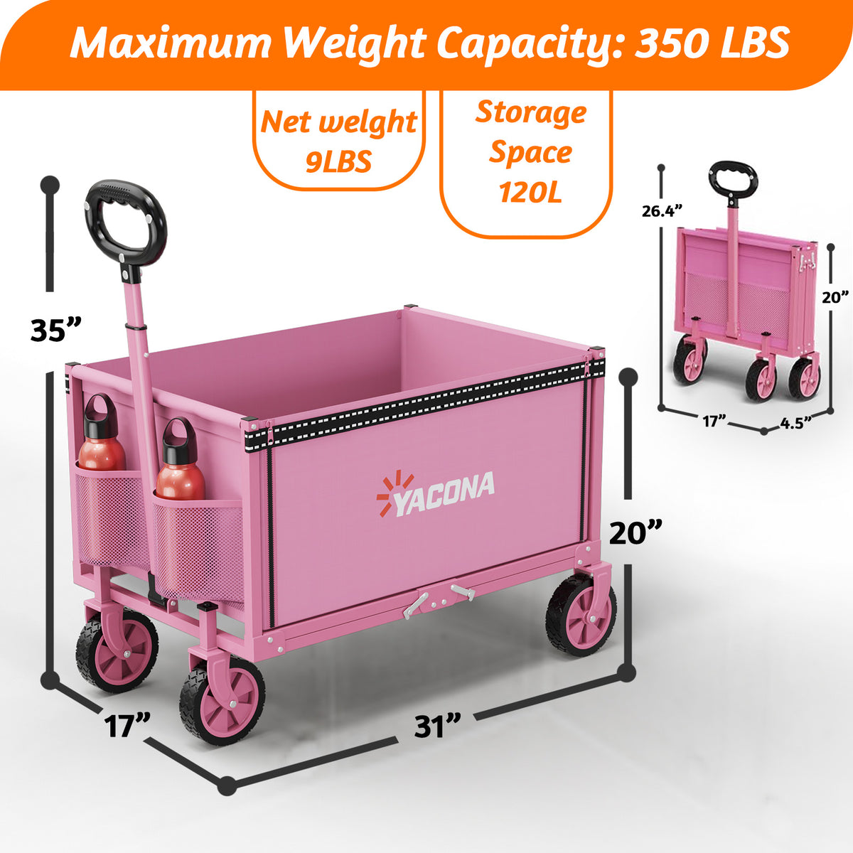 Yacona 3 in 1 Wagons Carts Foldable, Heavy Duty Utility Cart with Wheels, Collapsible Wagon for Beach, Camping, Grocery and Garden, 450LBS, Pink