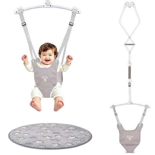 Semoprus Baby Jumper, Baby Doorway Jumper with Adjustable Strap, Protable Baby Jumpers and Bouncers, Easy to Assemble, Toddler Bouncer Jumper with Floor Mat, Gray