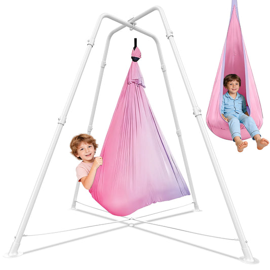 Semoprus Sensory Swing with Stand, Swing Frame with Pod Swing, Hammock Chair with Stand for Adults Outdoor, X-Shaped Swing Set for Backyard, Indoor Swing for Kids 330LBS, Pink&White