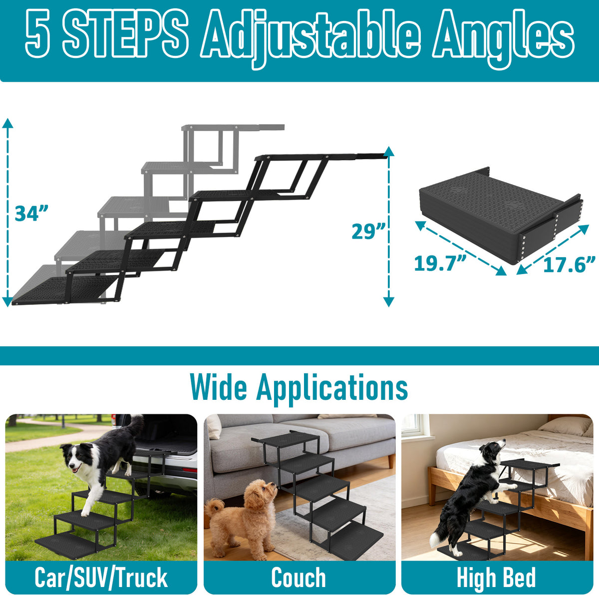 Yacona Extra Wide Dog Stairs for Large Dogs, 5 Steps Dog Steps for Car, Foldable Pet Stairs, Black