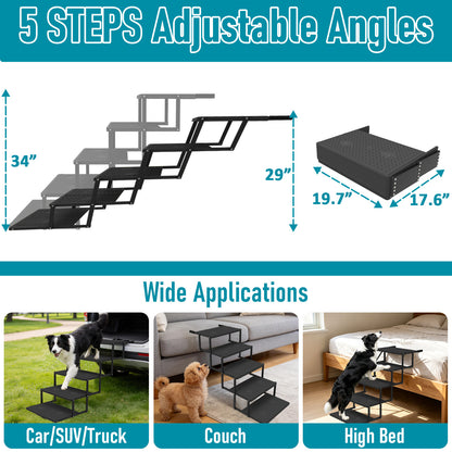 Yacona Extra Wide Dog Stairs for Large Dogs, 5 Steps Dog Steps for Car, Foldable Pet Stairs, Black