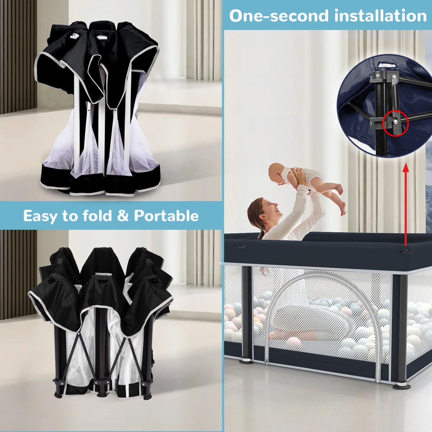 G TALECO GEAR Baby Playpen with Mat, Foldable Playpen for Babies and Toddlers, Portable Travel Play Yard, 50"x50", Black