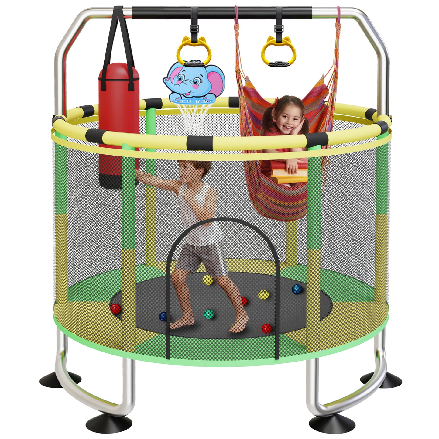 G TALECO GEAR Kids Trampoline Indoor/Outdoor, Trampoline for Toddlers with Safety Enclosure, Adjustable 59" Mini Trampoline for kids, Small Trampoline for Todders 3-8, 440lbs,Yellow&Green