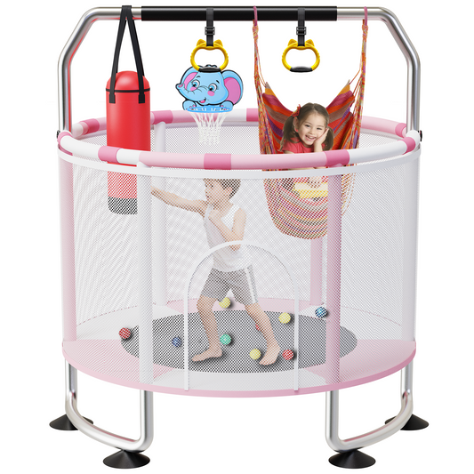 Semoprus Trampoline for Kids, Adjustable Hight Toddlers Trampoline for Outdoor, Great Gift for Boys & Girls, 400lbs,Pink & White