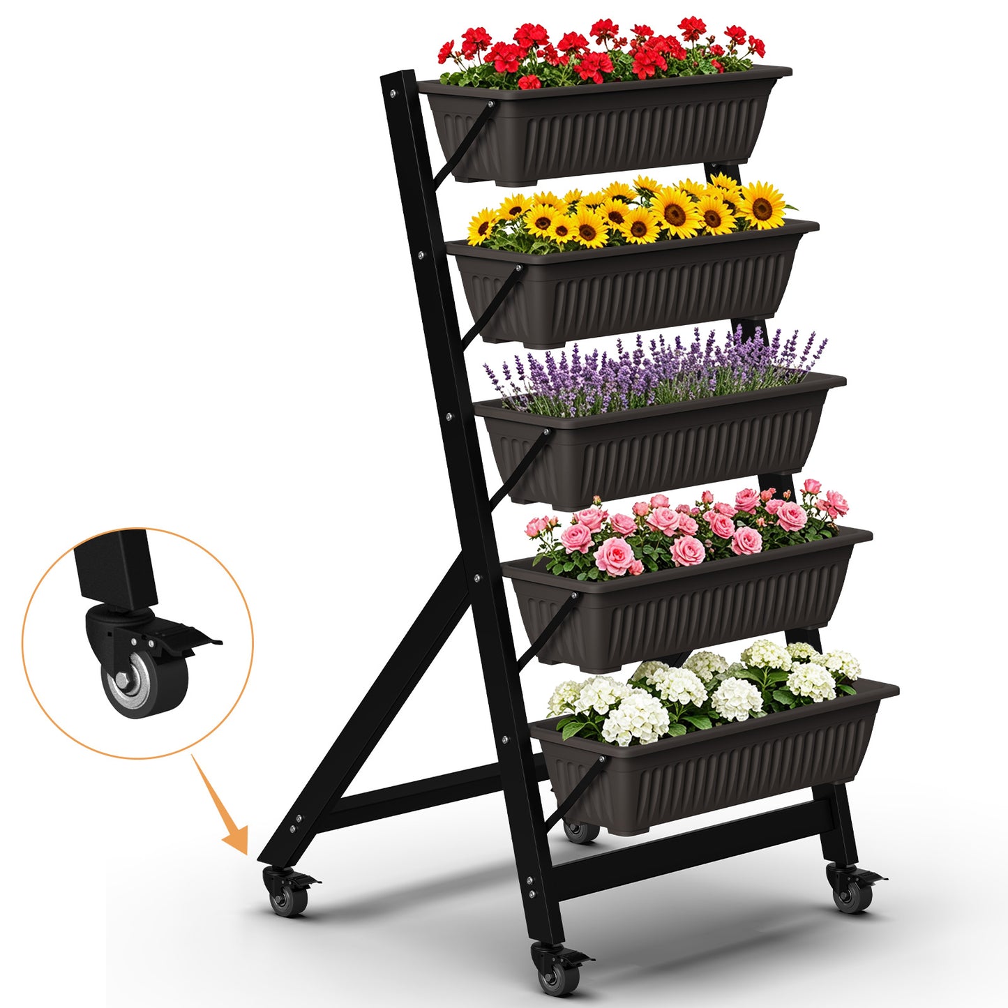 Yacona 5 Tiers Vertical Garden Planter with Wheels, Vertical Raised Garden Bed, Freestanding Garden Planter Box, for Herb Flower Vegetable