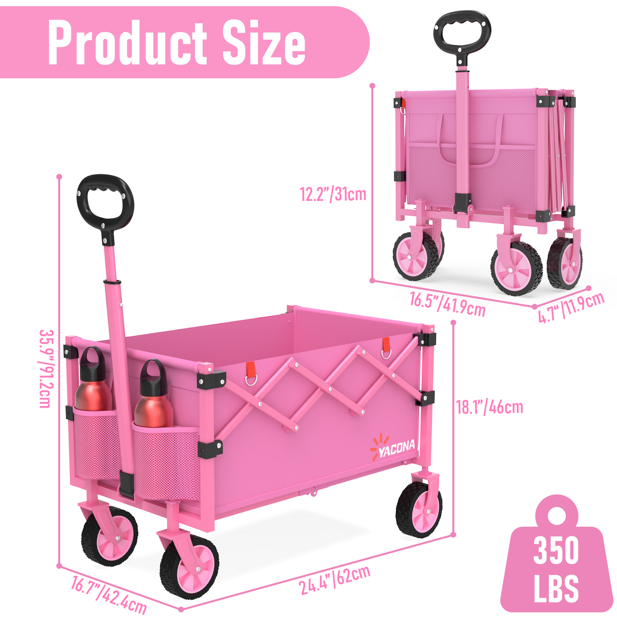 Yacona Wagons Carts Foldable, 350 lb Capacity Folding Wagon Cart with Wheels for Camping, Garden, Shopping, Pink