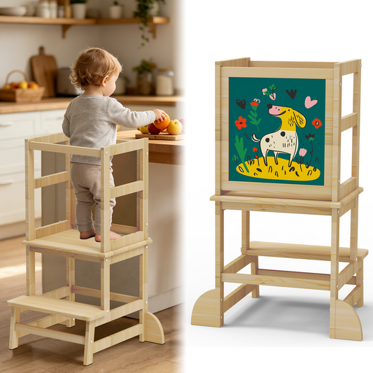 Semoprus Toddler Kitchen Stool Helper, Step Stool for Kids with Chalkboard Safety Rail for Toddlers 18 Months and Older,Wood, Natural