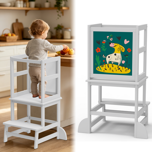 Semoprus Toddler Kitchen Stool Helper, Step Stool for Kids with Chalkboard Safety Rail for Toddlers 18 Months and Older, White