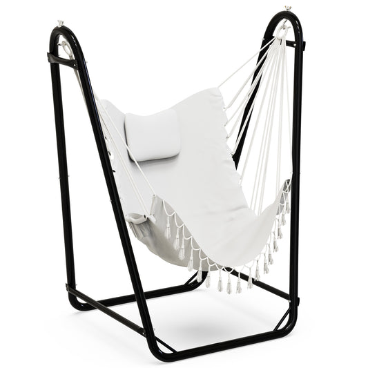 Hammock Chair with Stand, Heavy-duty Hanging Chair with Stand, Sturdy Swing Chair Stand 350lbs, Hammock Chair Included, for Indoor Outdoor, White