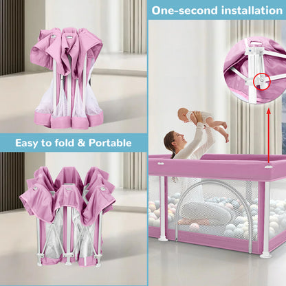 G TALECO GEAR Baby Playpen with Mat, Foldable Playpen for Babies and Toddlers, Portable Travel Play Yard, 50"x50", Pink