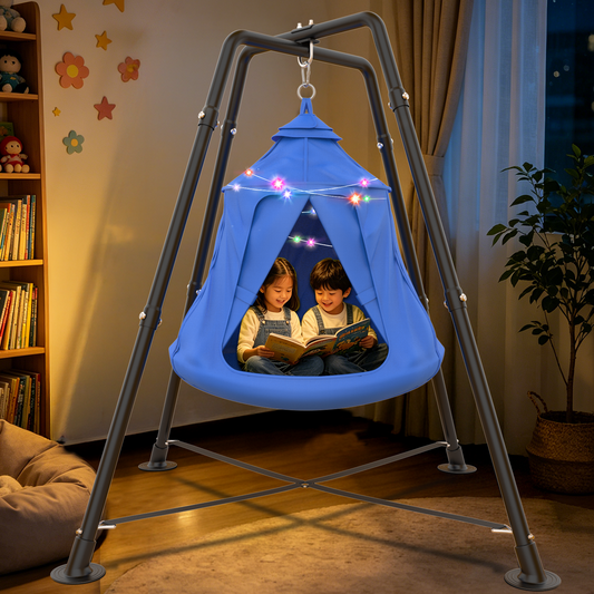 X-Shaped Swing Set, Sensory Swing with Stand, 330lbs Swing Stand Frame with Play Tent, Hammock Chair for Kids and Adults, Blue