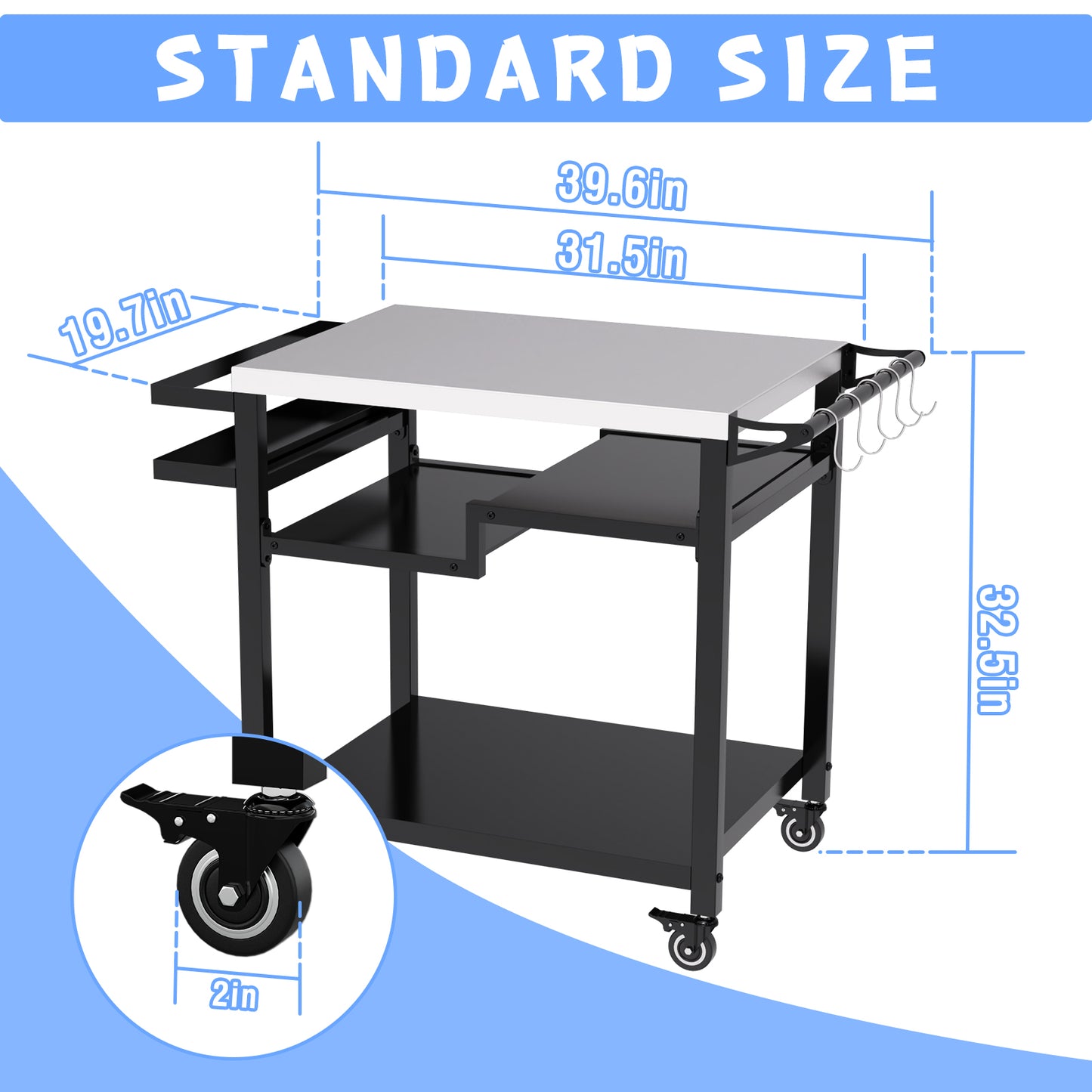 RAXSINYER Rolling Dining Table with Three-Shelf, Outdoor Grill Table&Cart, Garden Patio BBQ Kitchen Food Prep Cart, 20"x 32", Stainless Steel, Black