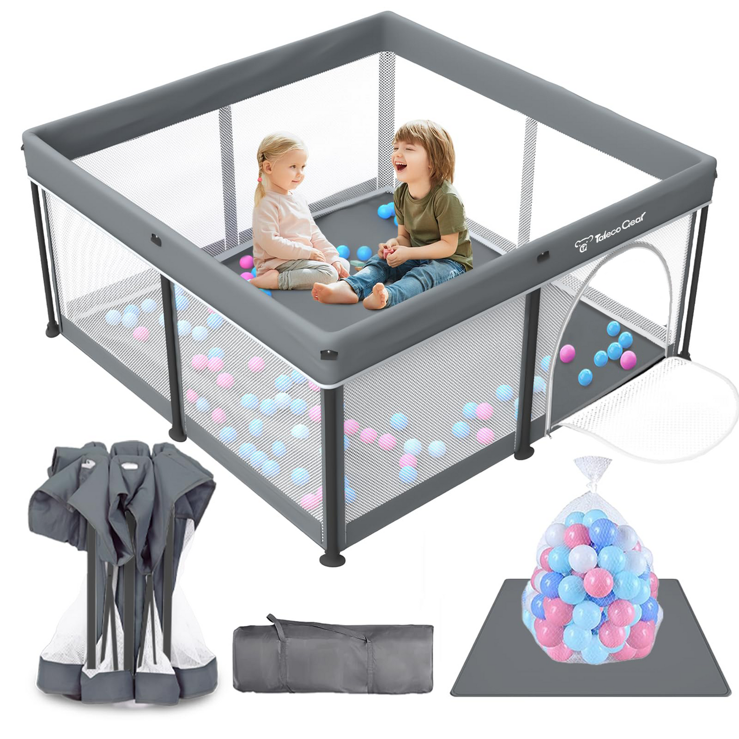 Foldable Baby Playpen with Mat, Collapsible Play Pen for Babies and Toddlers, Indoor &amp; Outdoor Kids Safety Play Pen, Portable Play Yard with 50 Ocean Balls, 50"×50", Black, Gray, Green, Yellow, Beige