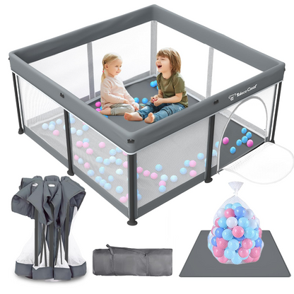 Foldable Baby Playpen with Mat, Collapsible Play Pen for Babies and Toddlers, Indoor &amp; Outdoor Kids Safety Play Pen, Portable Play Yard with 50 Ocean Balls, 50"×50", Black, Gray, Green, Yellow, Beige