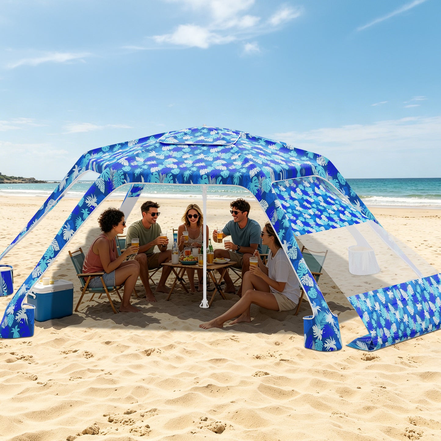 Yacona Beach Cabana with Side Wall, UV Protection Beach Canopy for Sand with 6 Corners, Tent Sun Shelter Tents for Camping, Leaves Print