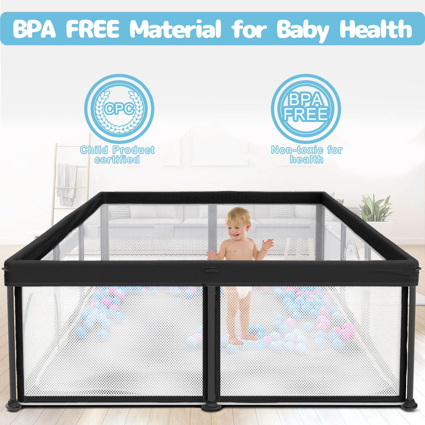 G TALECO GEAR Large Baby Playpen with Mat, Foldable Playpen for Babies and Toddlers, Portable Travel Play Yard, 50"x71", Black