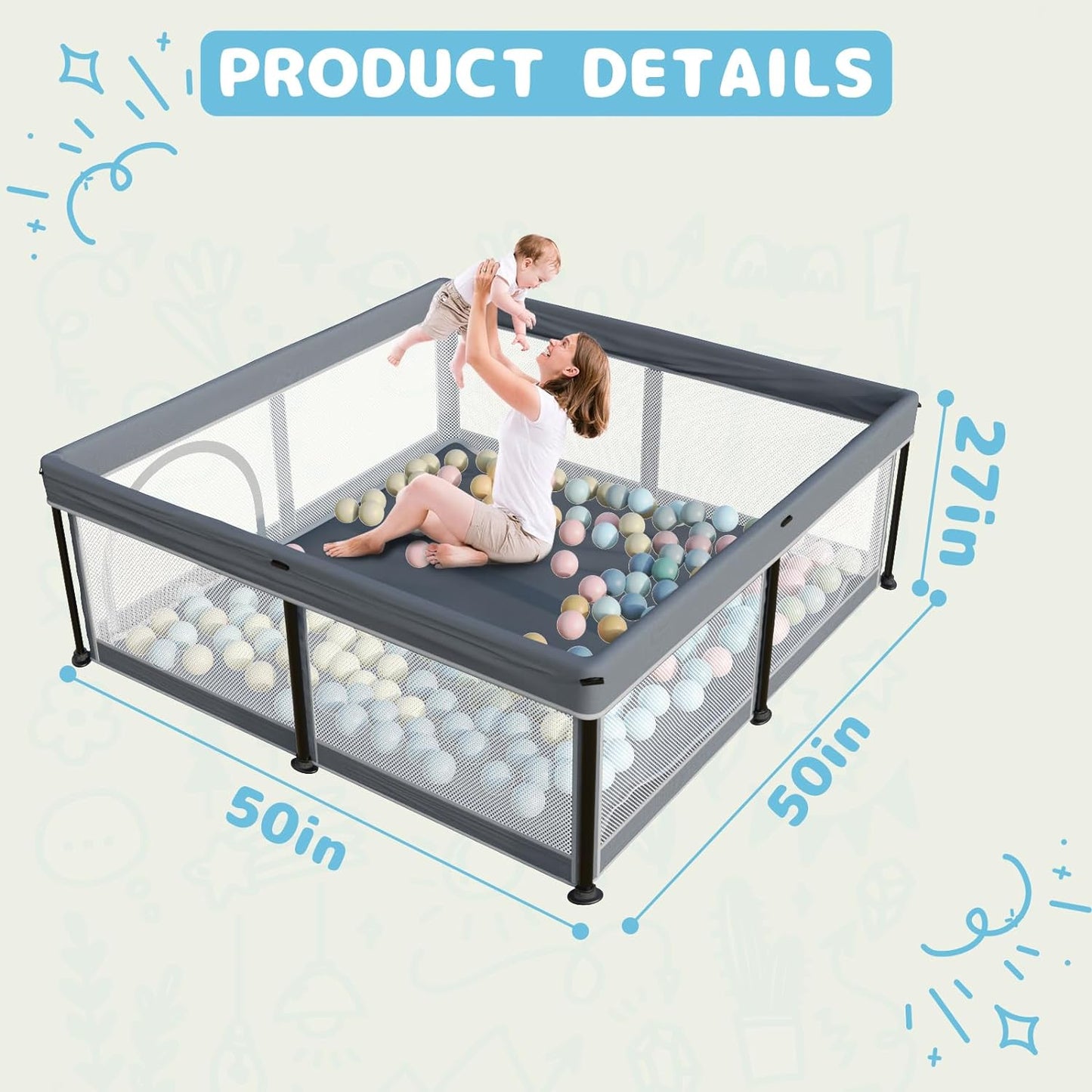 G TALECO GEAR Baby Playpen with Mat, Foldable Playpen for Babies and Toddlers, Portable Travel Play Yard, 50"x50", Gray