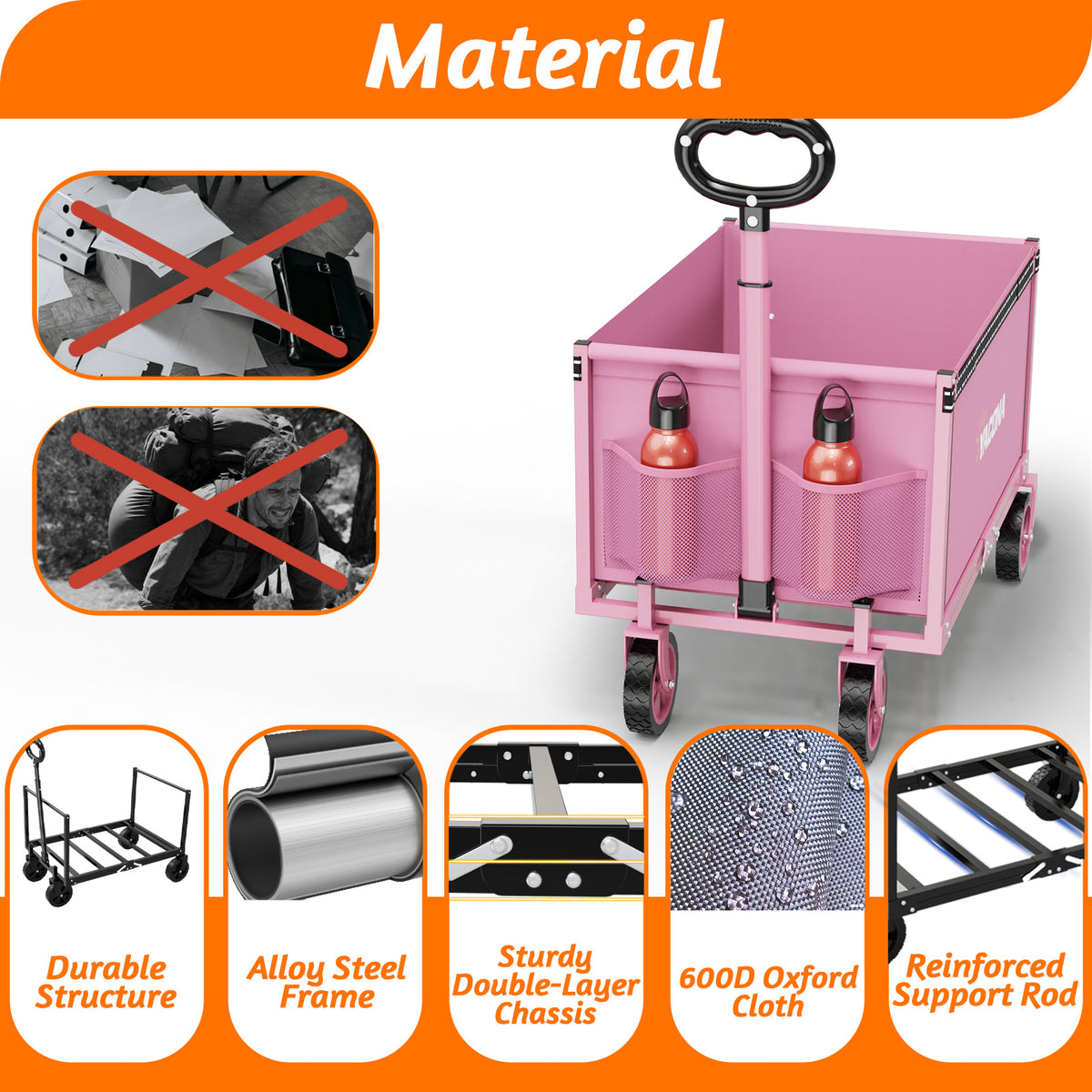 Yacona 3 in 1 Wagons Carts Foldable, Heavy Duty Utility Cart with Wheels, Collapsible Wagon for Beach, Camping, Grocery and Garden, 450LBS, Pink