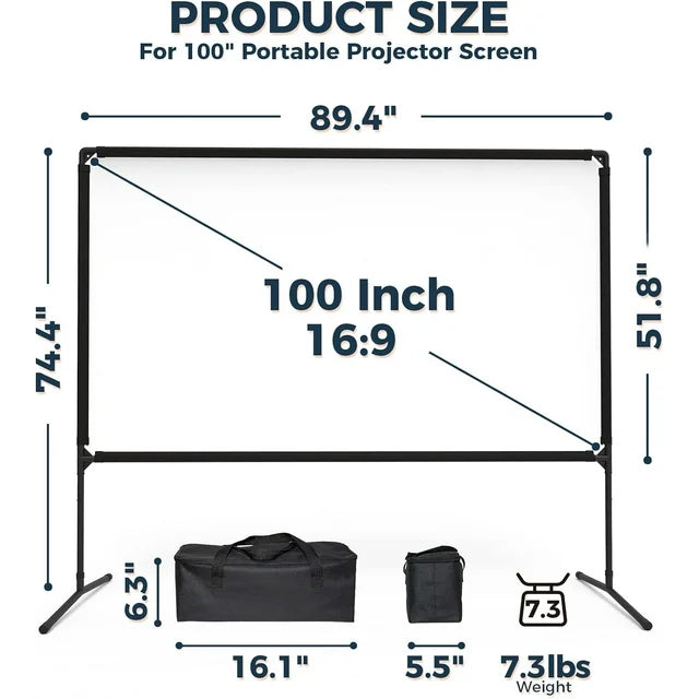 Portable Projector Screen and Stand, 100 inch Outdoor Projector Screen, 16:9 4K HD Movie Screen, Support Double Sided Projection