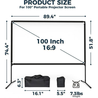 Portable Projector Screen and Stand, 100 inch Outdoor Projector Screen, 16:9 4K HD Movie Screen, Support Double Sided Projection