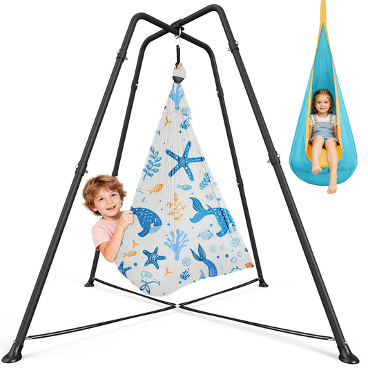 Semoprus Sensory Swing with stand and Pod Swing, Sensory Chair Indoor/Outdoor, Swing Set for Kids & Adults, 330LBS, Fox Print