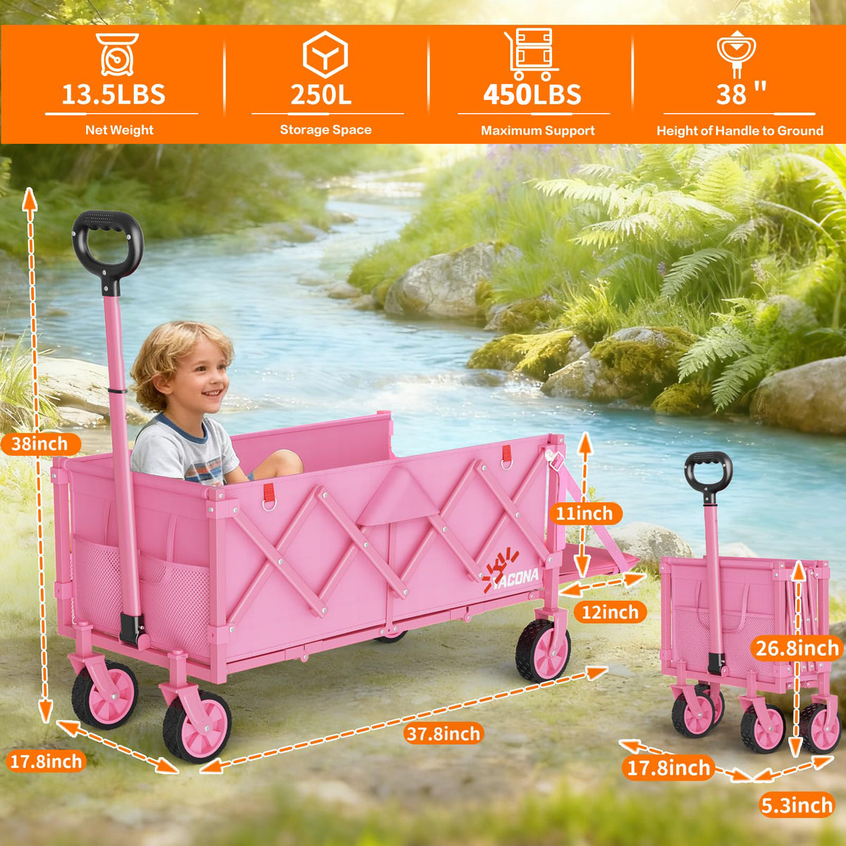 Yacona 50'' Extra Long Wagons Carts Foldable, Collapsible Wagon with Extended Tailgate, 450lbs Heavy Duty Beach Cart, Pink