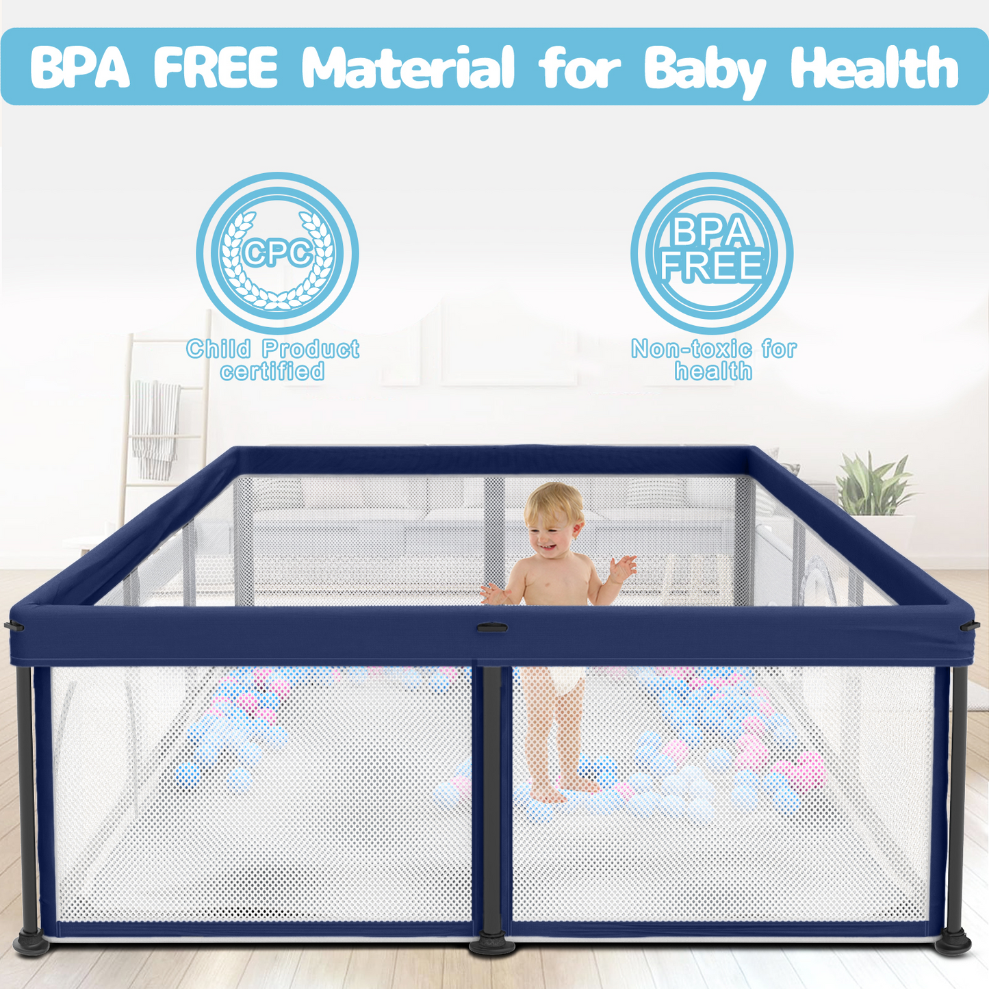 G TALECO GEAR Large Baby Playpen with Mat, Foldable Playpen for Babies and Toddlers, Portable Travel Play Yard, 50"x71", Blue
