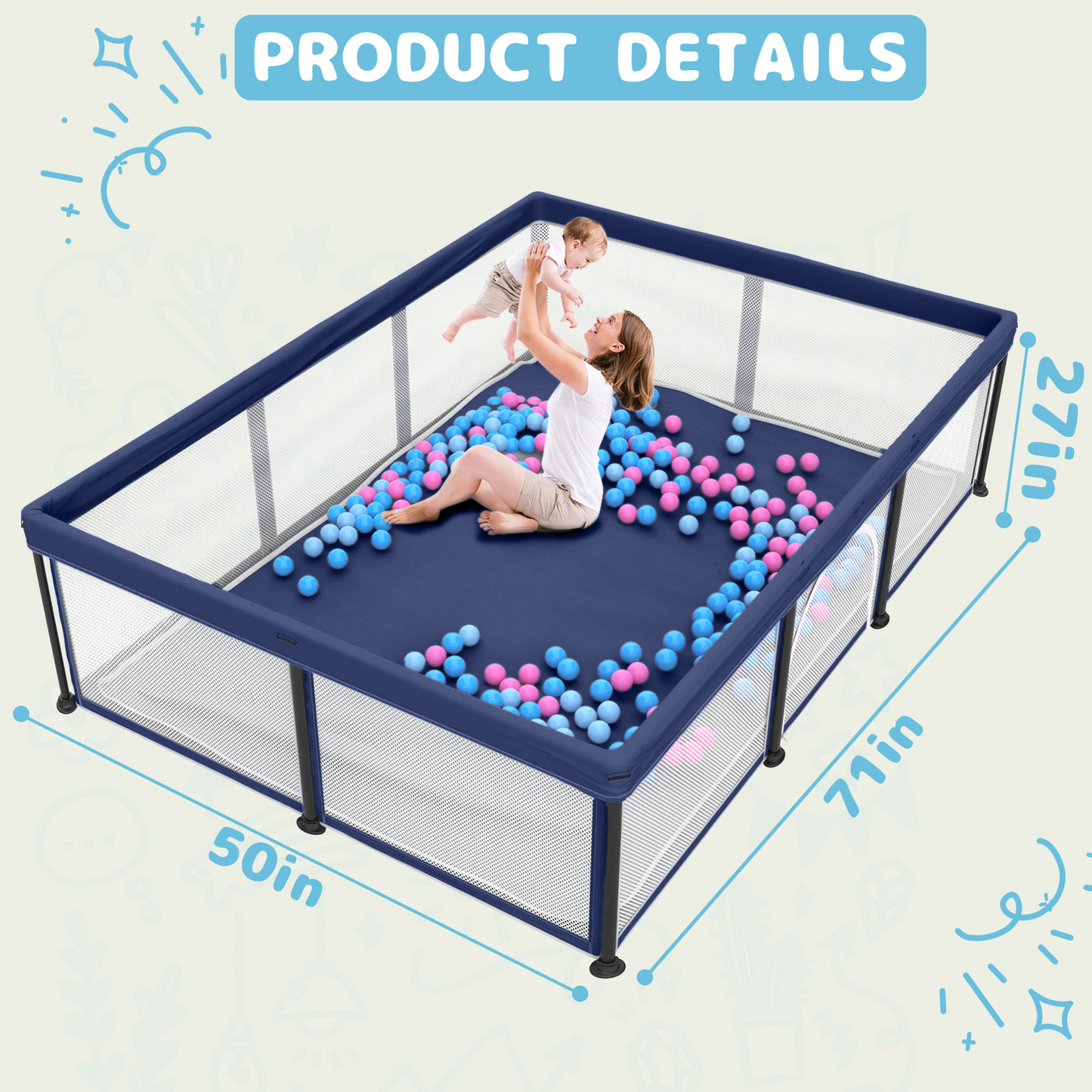 G TALECO GEAR Large Baby Playpen with Mat, Foldable Playpen for Babies and Toddlers, Portable Travel Play Yard, 50"x71", Blue