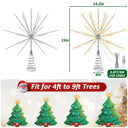 Yacona 15in Christmas Tree Star Topper with Lights, 150 LEDs Twinkling Tree Starburst Lights, Sliver