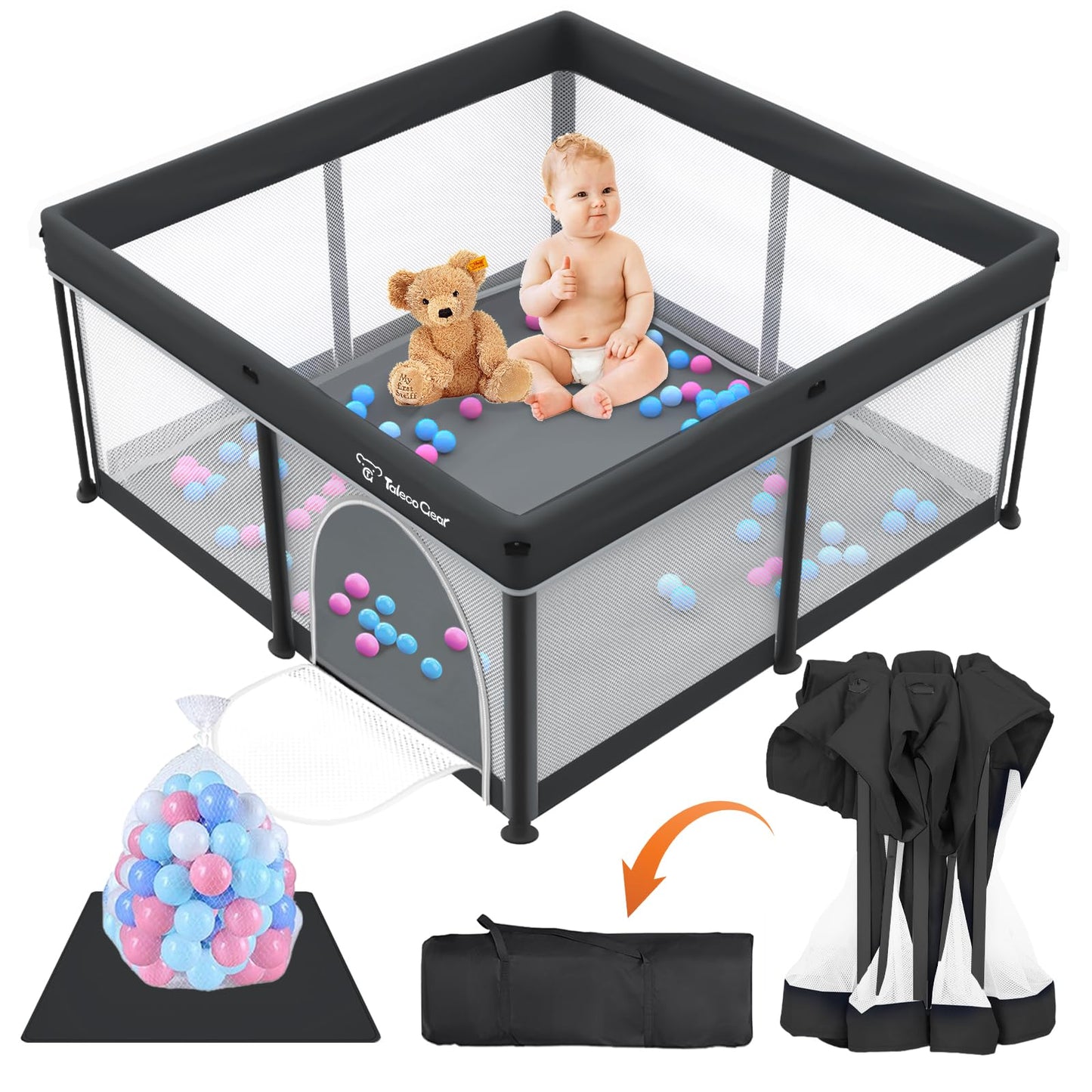 Foldable Baby Playpen with Mat, Collapsible Play Pen for Babies and Toddlers, Indoor &amp; Outdoor Kids Safety Play Pen, Portable Play Yard with 50 Ocean Balls, 50"×50", Black, Gray, Green, Yellow, Beige