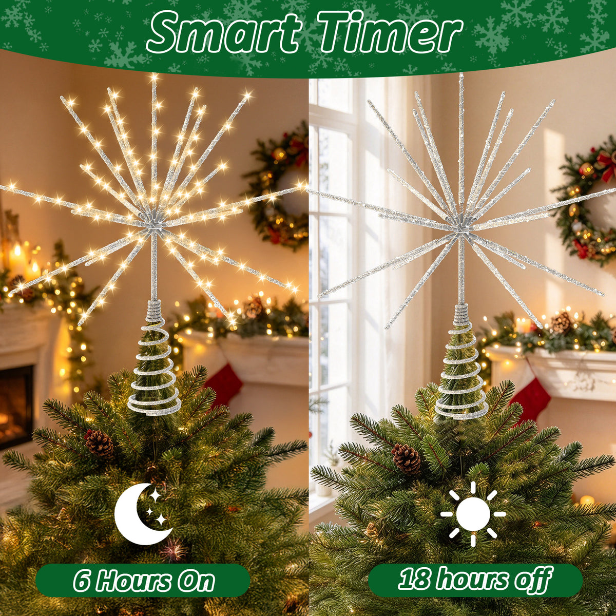 Yacona 15in Christmas Tree Star Topper with Lights, 150 LEDs Twinkling Tree Starburst Lights, Sliver