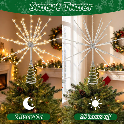 Yacona 15in Christmas Tree Star Topper with Lights, 150 LEDs Twinkling Tree Starburst Lights, Sliver