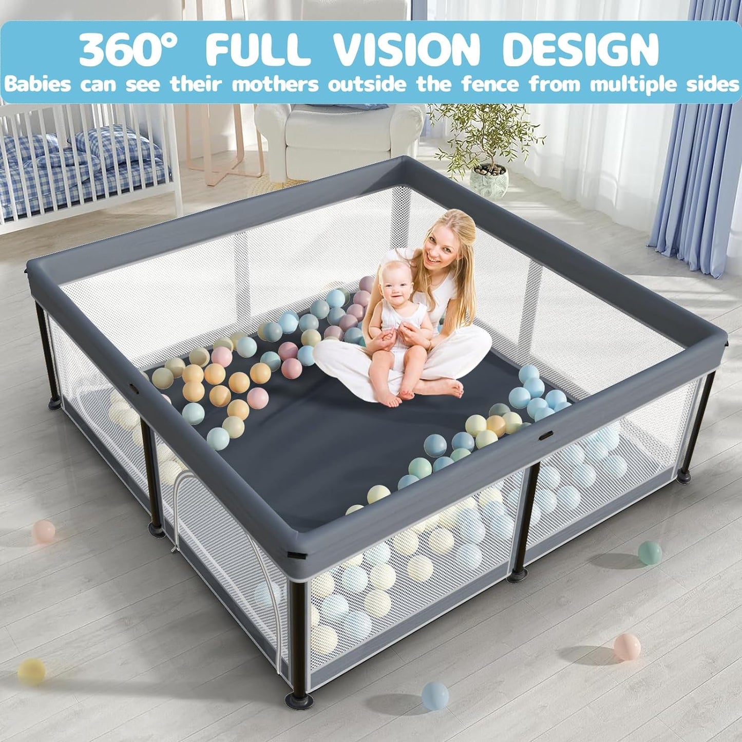 G TALECO GEAR Baby Playpen with Mat, Foldable Playpen for Babies and Toddlers, Portable Travel Play Yard, 50"x50", Gray