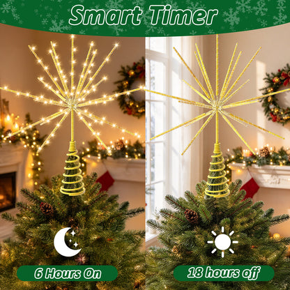 Yacona 15in Christmas Tree Star Topper with Lights, 150 LEDs Twinkling Tree Starburst Lights, Gold