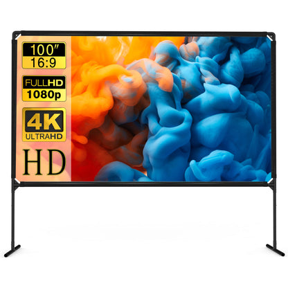 Portable Projector Screen and Stand, 100 inch Outdoor Projector Screen, 16:9 4K HD Movie Screen, Support Double Sided Projection