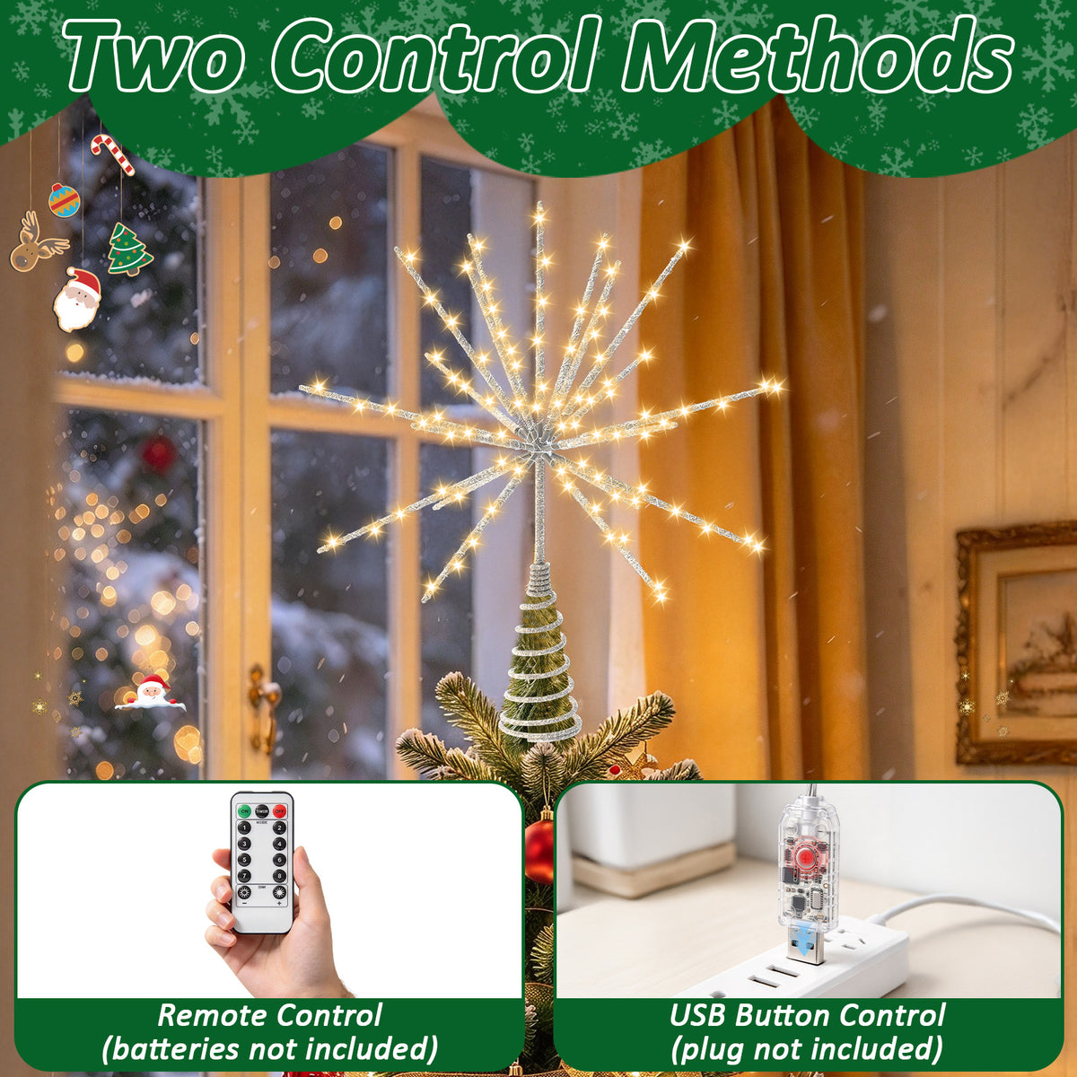 Yacona 15in Christmas Tree Star Topper with Lights, 150 LEDs Twinkling Tree Starburst Lights, Sliver