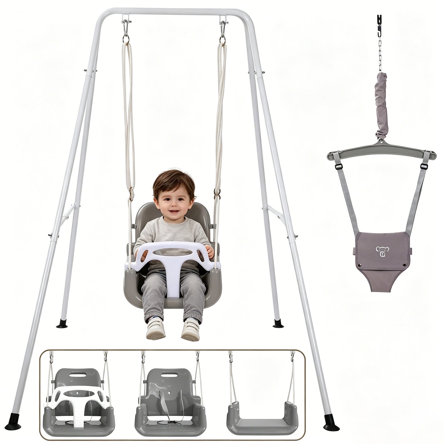 SEMOPRUS 2 in 1 Toddler Swing & Jumper, Foldable Baby Jumpers and Bouncers, Easy to Assemble & Store for Indoor/Outdoor, Gray and White