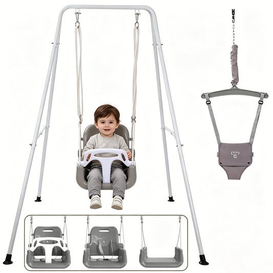 SEMOPRUS 2 in 1 Toddler Swing & Jumper, Foldable Baby Jumpers and Bouncers, Easy to Assemble & Store for Indoor/Outdoor, Gray and White