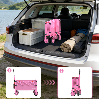 Yacona Wagons Carts Foldable, 350 lb Capacity Folding Wagon Cart with Wheels for Camping, Garden, Shopping, Pink