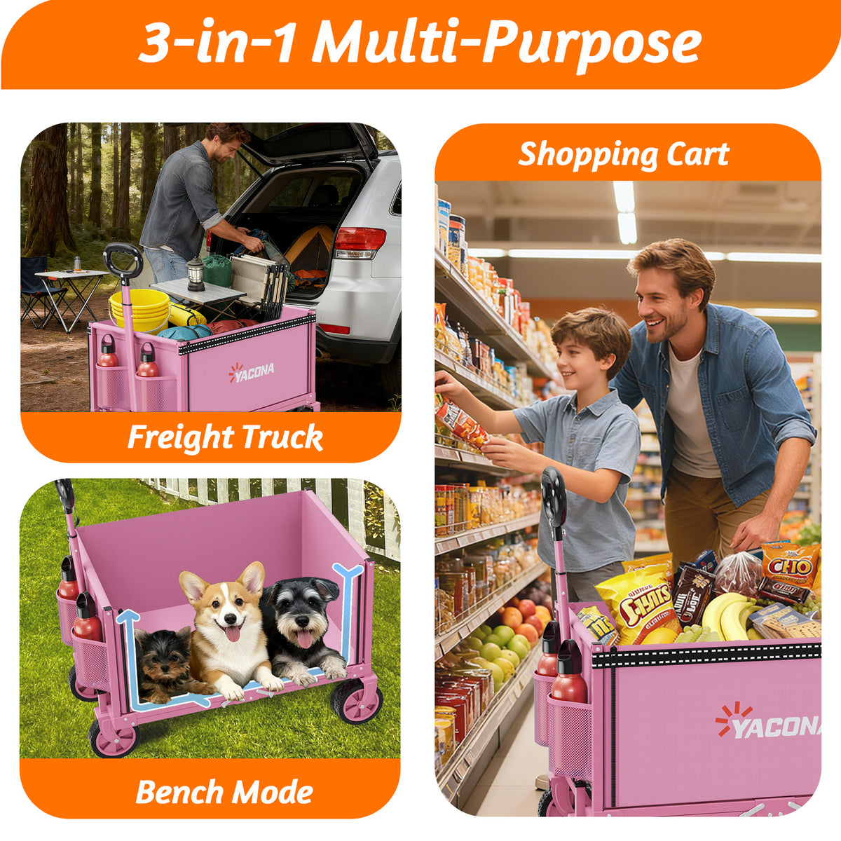 Yacona 3 in 1 Wagons Carts Foldable, Heavy Duty Utility Cart with Wheels, Collapsible Wagon for Beach, Camping, Grocery and Garden, 450LBS, Pink