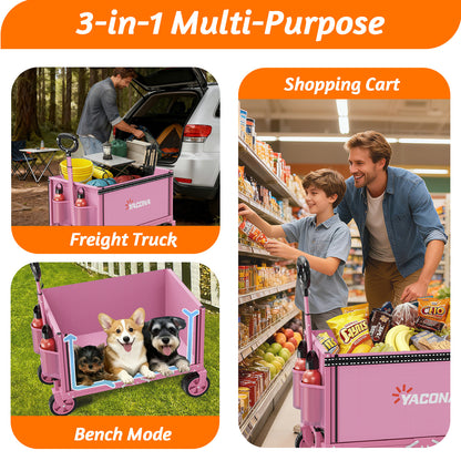 Yacona 3 in 1 Wagons Carts Foldable, Heavy Duty Utility Cart with Wheels, Collapsible Wagon for Beach, Camping, Grocery and Garden, 450LBS, Pink
