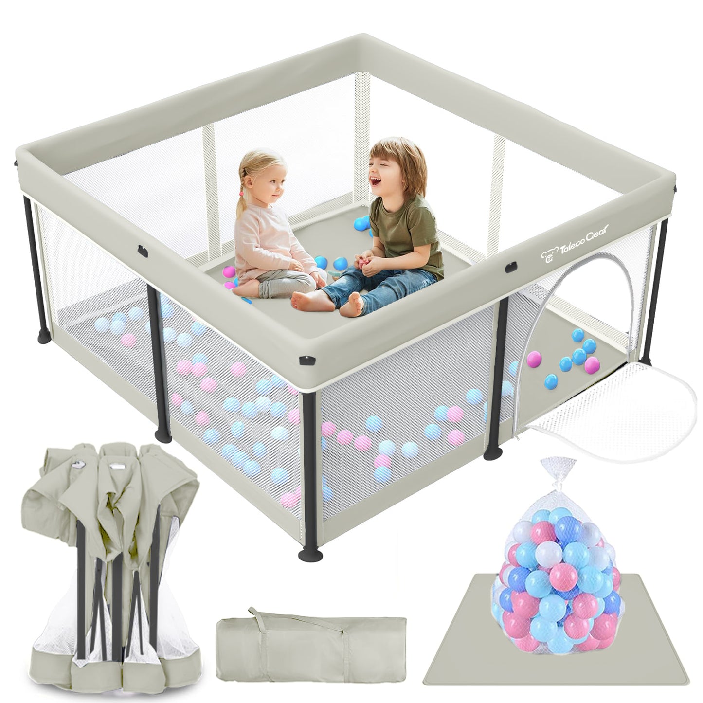 Foldable Baby Playpen with Mat, Collapsible Play Pen for Babies and Toddlers, Indoor &amp; Outdoor Kids Safety Play Pen, Portable Play Yard with 50 Ocean Balls, 50"×50", Black, Gray, Green, Yellow, Beige