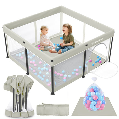 Foldable Baby Playpen with Mat, Collapsible Play Pen for Babies and Toddlers, Indoor &amp; Outdoor Kids Safety Play Pen, Portable Play Yard with 50 Ocean Balls, 50"×50", Black, Gray, Green, Yellow, Beige