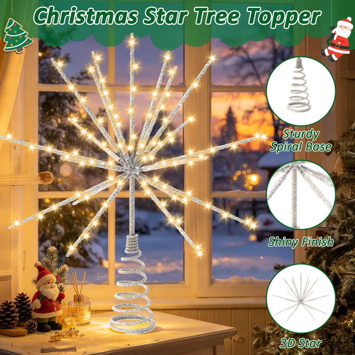 Yacona 15in Christmas Tree Star Topper with Lights, 150 LEDs Twinkling Tree Starburst Lights, Sliver
