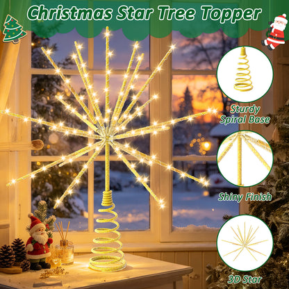 Yacona 15in Christmas Tree Star Topper with Lights, 150 LEDs Twinkling Tree Starburst Lights, Gold