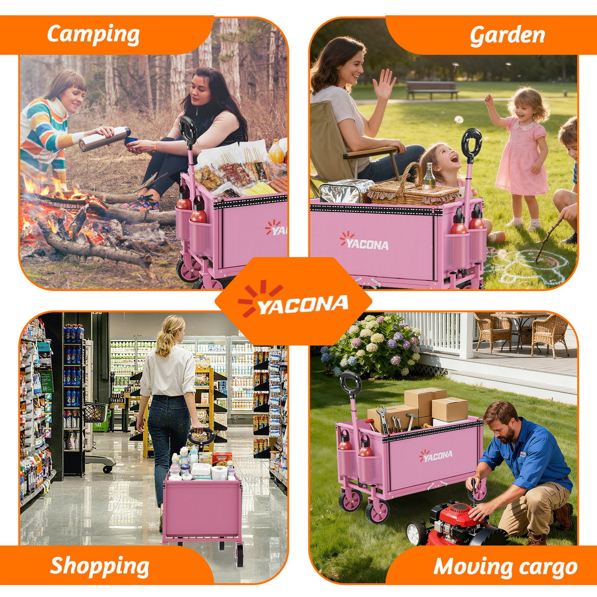 Yacona 3 in 1 Wagons Carts Foldable, Heavy Duty Utility Cart with Wheels, Collapsible Wagon for Beach, Camping, Grocery and Garden, 450LBS, Pink