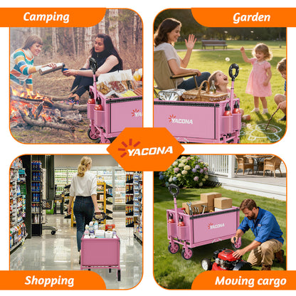 Yacona 3 in 1 Wagons Carts Foldable, Heavy Duty Utility Cart with Wheels, Collapsible Wagon for Beach, Camping, Grocery and Garden, 450LBS, Pink