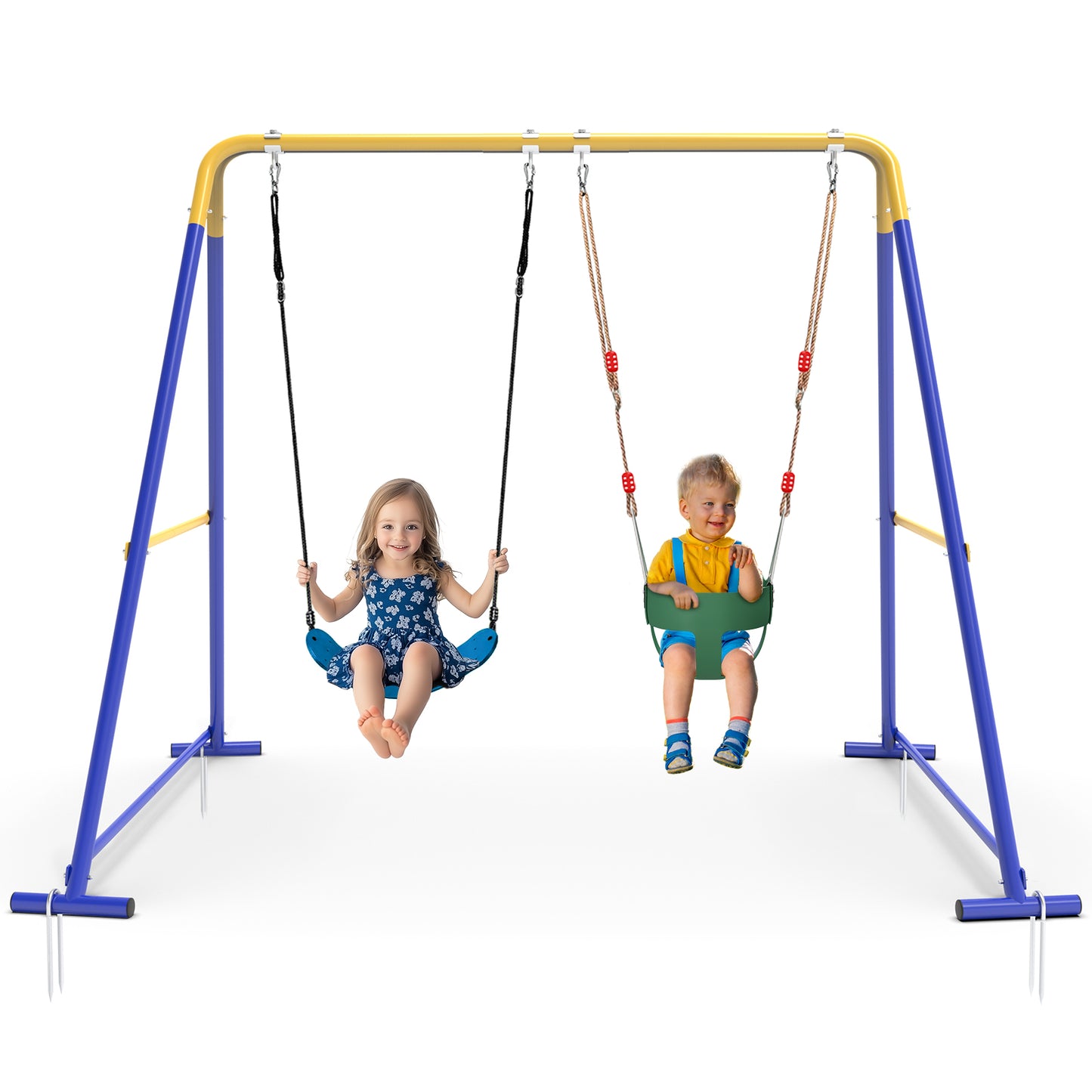 G TALECO GEAR 440lbs 2 Seat Swing Sets for Backyard, 1 Saucer Swing and 1 Belt Swing with Heavy Duty Outdoor A-Frame Metal Swing Stand for Playground, Playset