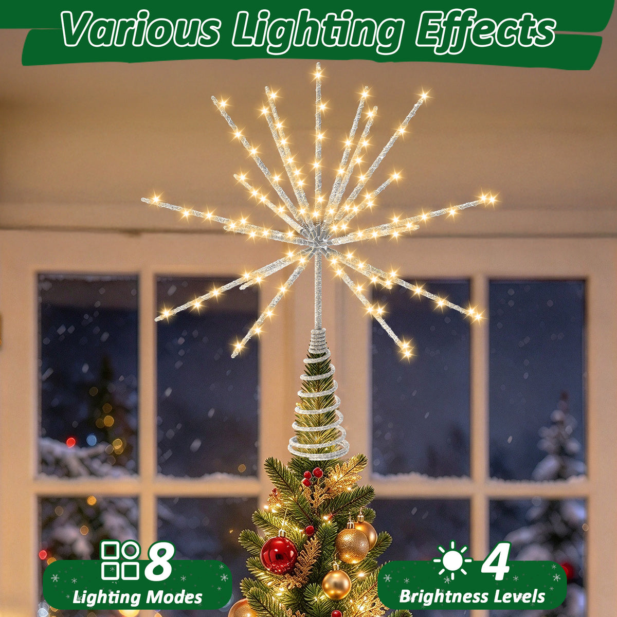 Yacona 15in Christmas Tree Star Topper with Lights, 150 LEDs Twinkling Tree Starburst Lights, Sliver