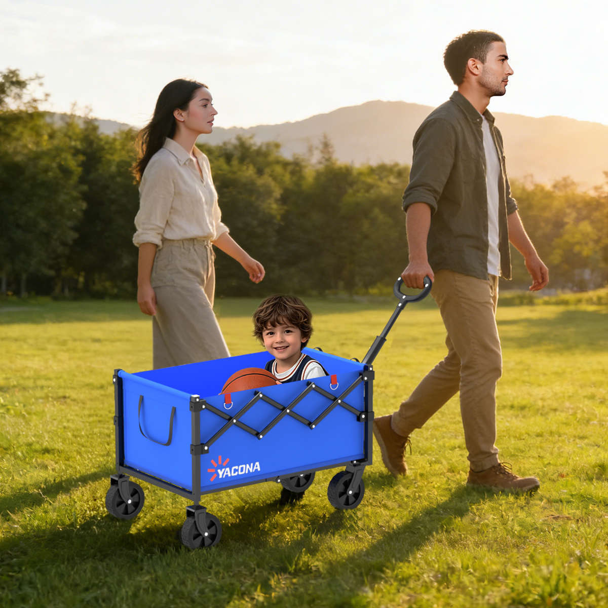 Yacona Wagons Carts Foldable, 350 lb Capacity Folding Wagon Cart with Wheels for Camping, Garden, Shopping, Blue
